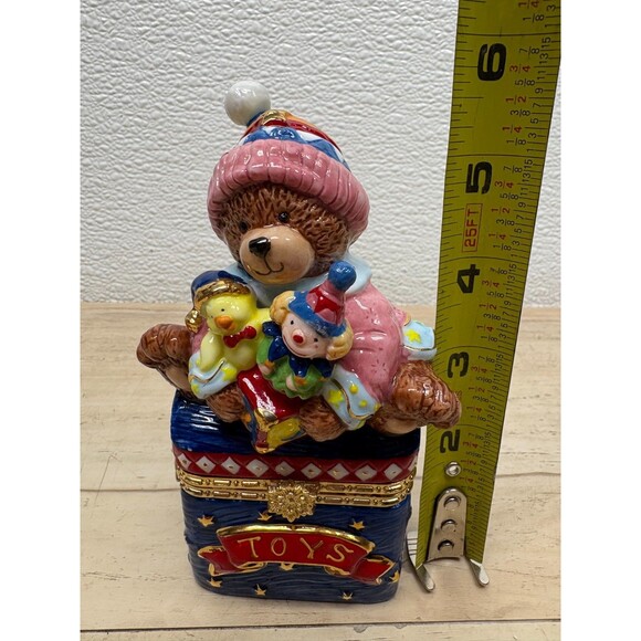 Traditions Porcelain Decorative Trinket Box Hand Painted Teddy Bear With Toys - Picture 9 of 16